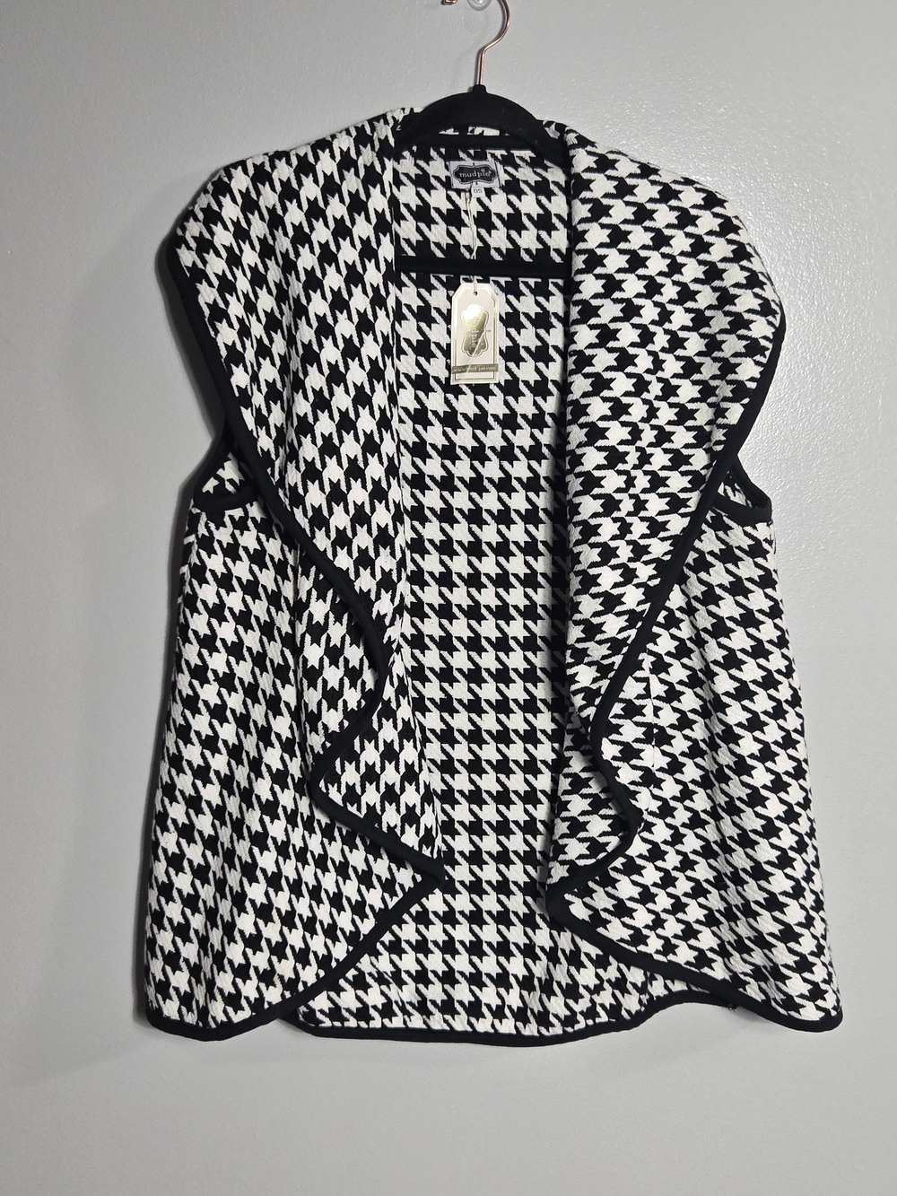 NWT Mud Pie Houndstooth Open Front Draped Waterfall Knit Vest Black White OS